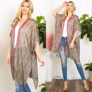 NEW ARRIVAL LIGHTWEIGHT LEAF PRINT INLINE BOHO OPEN FRONT KIMONO-BEIGE